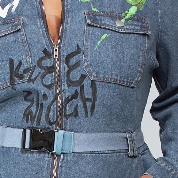 (Thick Denim) Lettered Art Denim Jumpsuit - Picture 6 of 7